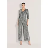 Madeleine Jumpsuit Eleganter Pailletten-Einteiler Glanzoverall mit V-Ausschnitt, weiten Culotte-Beinen und 3/4-Arm grau|schwarz 34