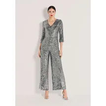 Madeleine Jumpsuit Eleganter Pailletten-Einteiler Glanzoverall mit V-Ausschnitt, weiten Culotte-Beinen und 3/4-Arm grau|schwarz 34