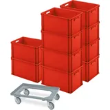 BRB-Lagertechnik 10 Eurobehälter 600x400x320 mm, rot + Schwerlast-Transportroller