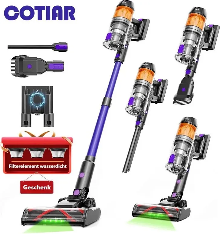 COTIAR R11 Akku-Staubsauger für Zuhause, 500 W, 50 kPa Saugkraft, leicht, 60 Min. Laufzeit, LED-Display, 3 HEPA-Filter, lila