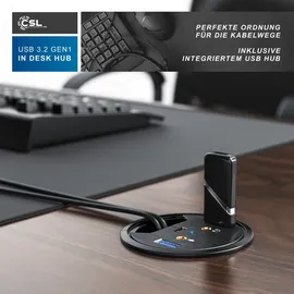 CSL USB 3.2 Gen1 Tisch Kabeldurchführung - Tischkabeldose Multi In Desk USB Hub - 2 x USB 3.2 Gen 1 - 1 x USB C 3.2 Gen1 - 2 x 3,5mm Klinke