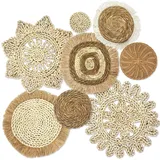 Boho Wandkorb Deko, 8er Set Hängende Geflochtene Körbe aus Seegras und Rattan, Handgefertigte Runde Körbe mit Fransen aus Maisblatt und Binsen, Boho Wanddeko für Wohnzimmer, Küche, Esszimmer