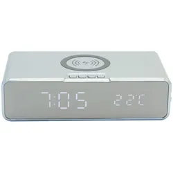 Tischuhr mit kabelloser Smartphone Ladefunktion Temperatur Alarm silber