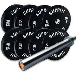 Suprfit Econ Bumper Plates White Logo Set, 100 kg Set Pro Training Bar - 15 kg One Size