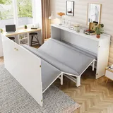 REDOM Funktionsbett Klappbett 140x200 cm mit Matratze, Gästebett (drehbarem Schreibtisch & Schrankfunktion, Rollen, Metall-Holz-Konstruktion), Inklusive Matratze weiß