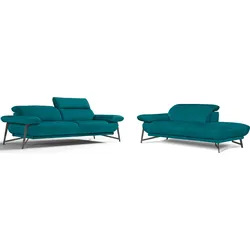 Polstergarnitur EGOITALIANO "Anais, Design mit hohem Sitzkomfort für mehr Bequemlichkeit", bunt (blaurün), Luxus-Microfaser, Ottomane Armlehne links, Sitzmöbel-Sets, Set: bestehend aus Sofa und Ottomane, inkl. Kopfteilverstellung
