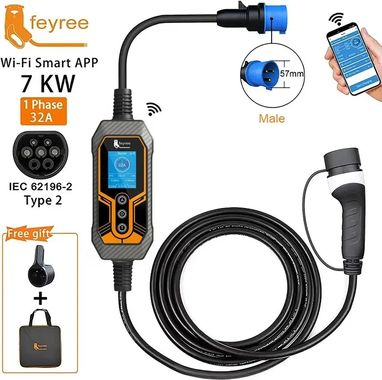 feyree Tragbare Type2 32A 7kW EVSE-Ladestation mit WLAN-App-Steuerung, verstellbarer Stromstärke und intelligenter Zeitplanung für Zuhause und Outdoor