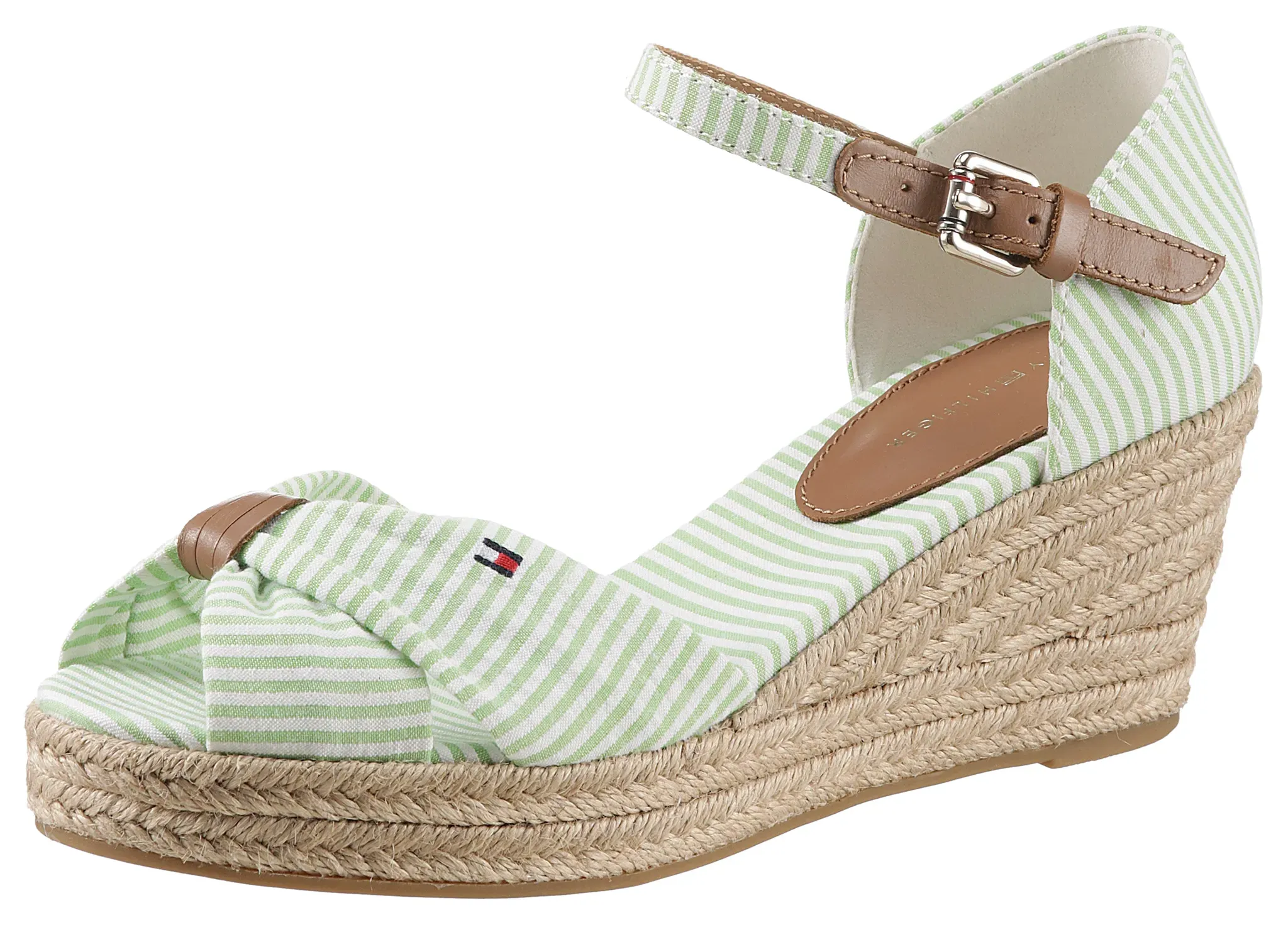 Tommy Hilfiger Keilsandalette »HIGH WEDGE SEERSUCKER«, mit gestickter Logoflagge TOMMY HILFIGER mint-weiß 40