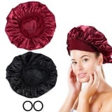 2 Stück Satin Haarhaube Bonnet für Die Nacht,Schlafhaube Seide,Weiche Seidenhaube Zum Schlafen Bonnet Sleep Cap,Atmungsaktive Schlafmütze Damen Mädchen(Schwarz&Burgunderrot)