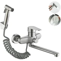 LIWEIKE Wasserhahn Küche Wandmontage, Gebürstetes Nickel Küchenarmatur Wandmontage mit Spritzpistole Wandarmatur Waschbecken 23cm und 360°Drehbare Auslauf Edelstahl