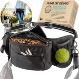 HUND IST KÖNIG® Leckerlitasche für Hunde Leckerlis & Hundezubehör - Robuste Bauchtasche Hund - Futterbeutel Hunde mit viel Platz, Kotbeutelspender, Handyfach & Leinen-Gurt