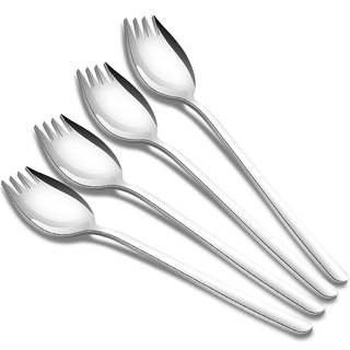 Tiokin Sporks,4 Stück Edelstahl Spork Göffel, Lang Salatlöffel 2 In 1 Abendessen Gabel Suppenlöffel Salatgabel Nudellöffel, Multifunktion Löffel und Gabel für Camping zu Hause oder auf Reisen