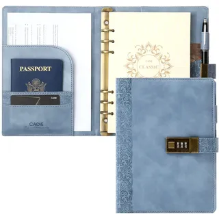 CAGIE Leder Tagebuch mit Schloss, 6 Ringbuch A5 Large Leder Notizbuch für Erwachsene, Notizbuch mit Zahlenschloss, Nachfüllbare Innenseiten, Geprägtes Leder Loses Blatt Notizbuch, Blau