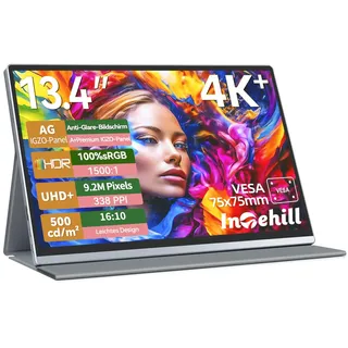 Intehill 4K Tragbarer Monitor 13,4 Zoll IGZO Panel, Anti-Glare, 3840x2400, 16:10, 500 Nits, 1500:1, 100% sRGB, HDR, Ultraleicht & Tragbar, Aluminiumgehäuse, Eingebaute Lautsprecher, mit VESA (U13ZA)