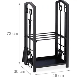 Relaxdays Kaminholzregal mit Besteck Stahl 2 Ablagen Kaminbesteck 4-teilig schwarz