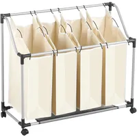 Ribelli Wäschekorb mit 4 Fächer, Weiß & Rollen, Faltbarer Wäschesortierer, Abnehmbare Taschen, ca. 96 x 39 x 82 cm