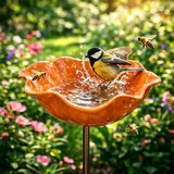 Handgefertigte Vogeltränke aus Metall in Blumenform – Winterfester Gartenstecker als Bienen- & Insektentränke für Draußen – Elegante Gartendeko-Figur (Orange)