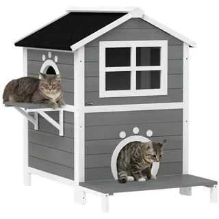 PawHut Katzenhaus aus Holz Katzenhöhle mit Fenster, Balkon, für Indoor, Outdoor, Grau