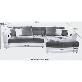 luma-home Multimedia-Ecksofa Couch mit RGB-LED Bluetooth Soundsystem USB, in Grau / Weiß / 15410 - Grau