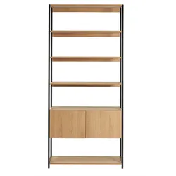 Bücherregal mit geschlossenem Stauraum in hellem Eichenholz und schwarzem Metall B94 cm FLEA