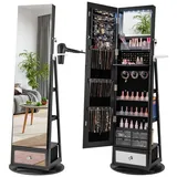 COSTWAY Schmuckschrank mit Spiegel, LED & 3 Ablagen, drehbar & abschließbar schwarz