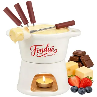 Yoassi Keramik Käsefondue Set, Mini Schokoladenfondue Tasse, Käsebecher mit 4 Gabeln, zum Schmelzen Käse Schokolade Butter, 300ml Porzellan Topf für Familienessen Nachtisch, Geburtstagsfeier, Weiß