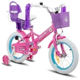 HILAND Joystar 14 Zoll Kinderfahrrad mit Stützrädern, Puppenfahrradsitz, Luftschlangen, Korb, Klingel, DIY-Aufklebern, Schutzblechen, für Mädch... - Lila