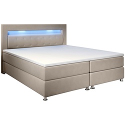 Juskys Boxspringbett Vancouver 140x200 cm - Bett mit LED, Topper & Federkern-Matratzen – Stoff Beige