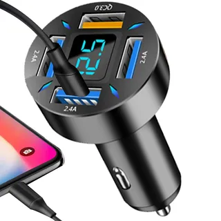 Kixolazr USB C Autoladeadapter | 66W USB C 4-Ports schnelles Autoladegerät Schnellladung USB Typ C Stecker Auto Zigarettenanzünder Adapter | LED-Zigarettenanzünder für Handy-Laptop-