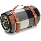 PortableAnd Picknickdecke, 3-lagig, weiche Fleecedecke für Strand, Camping auf Gras, wasserdicht, sanddicht, Paare und Familien, schwarz und grau kariert