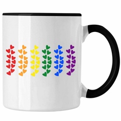 Trendation Tasse Trendation – Regenbogen Tasse Geschenk LGBT Schwule Lesben Transgender Grafik Pride Herzen Flagge schwarz
