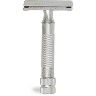 MERKUR Rasierhobel 34C | Kompaktgriff Mattchrom | Dreiteiliger Rasierer mit geradem Schnitt | Geschlossener Kamm | Ideal für Nassrasur | Zinkdruckguss | Messing Griffstück | Made in Germany