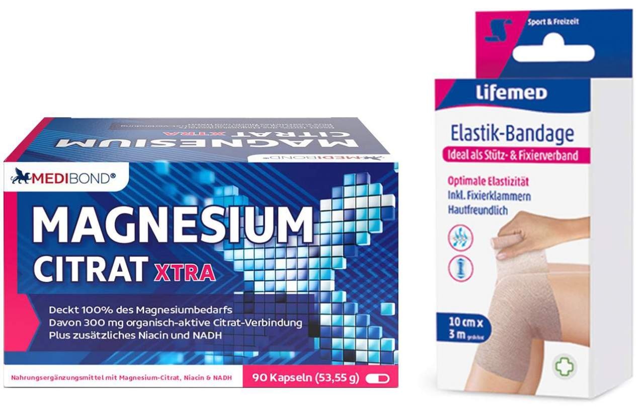 Magnesium Citrat XTRA Medibond 90 Kapseln + gratis ELASTIK-Bandage 10 cm x 3 m & Fixierklammern