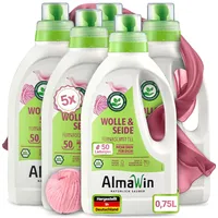AlmaWin® Waschmittel Wolle & Seide [5x 750ml - 250 Ladungen] mit Lavendel-Duft für schonende Reinigung von Naturfasern - Seide- & Wollwaschmittel anwendbar von 20-40°C - Bio Feinwaschmittel flüssig