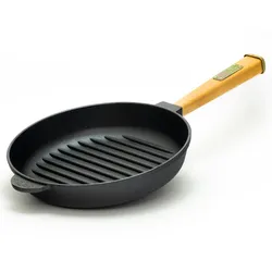 BRIZOLL Ø28cm Grillpfanne Gusseisen Induktion Holzgriff Bratpfanne Pfanne Feuerpfanne
