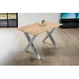 Esstisch 140x80cm Akazie massiv eichenfarben schweizer Kante X-Gestell silber DEAN - Naturbelassen