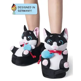 corimori Witzige Plüsch-Hausschuhe Katze Balou für Kinder und Erwachsene | schwarz weiß, EU Einheitsgr. 34-44 | Pantoffeln Slipper Schuhe