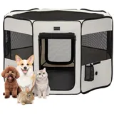 Petsfit Welpenauslauf Tierlaufstall faltbar Welpenlaufstall Pop-Up für Hunde Hasen Katzen,Freilaufgehege mit Zip-Sicherungen, Abnehmbares Ober- und Unterteil,M,Beige & Schwarz