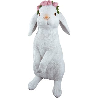 Gilde Deko Figur Hase Rose aus Kunstharz - Frühjahrsdeko Ostern Osterhase - stehend weiß mit Rosen Haarkranz - Höhe 29 cm