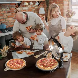 Wiltec Pizzamaker mit Keramiksteinplatte Ø32cm und Sichtfenster, zwei Heizelemente max. 400°C, mit Timer