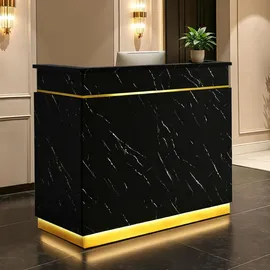 Barberpub Empfangstheke mit 3 Schubladen & 1 Schrank, Empfangstisch mit Beleuchtung, Abschließbar, Rezeptionstheke Kassentheke,R9759 (schwarz-gold)