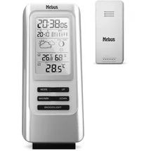 MEBUS funkgesteuerte Wetterstation mit Außensensor, Thermometer, Hygrometer, Funkuhr, Wohlfühlindikator bewertet Raumklima, Wettervorhersage, Mondkalender, Wecker, Farbe: Silber, Modell: 40627