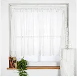 SCHÖNER LEBEN. Stoff Scheibengardine Makrameé Leinenoptik nähfrei wollweiß 90cm H, bestickt weiß