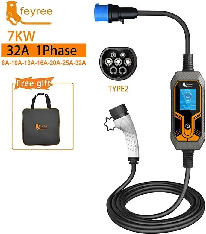feyree 7 kW Type 2 Kabel, 1-Phasen, tragbare EV-Ladestation, 32 A, 5 m Kabel, EVSE, CEE-Stecker (männlich)