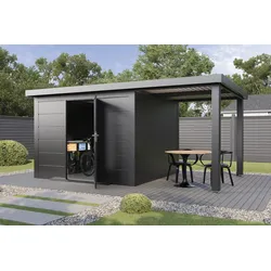 Wolff Finnhaus Premium Metall Gartenhaus Thorin 5424 Anthrazit inkl. 240 cm Anbaudach