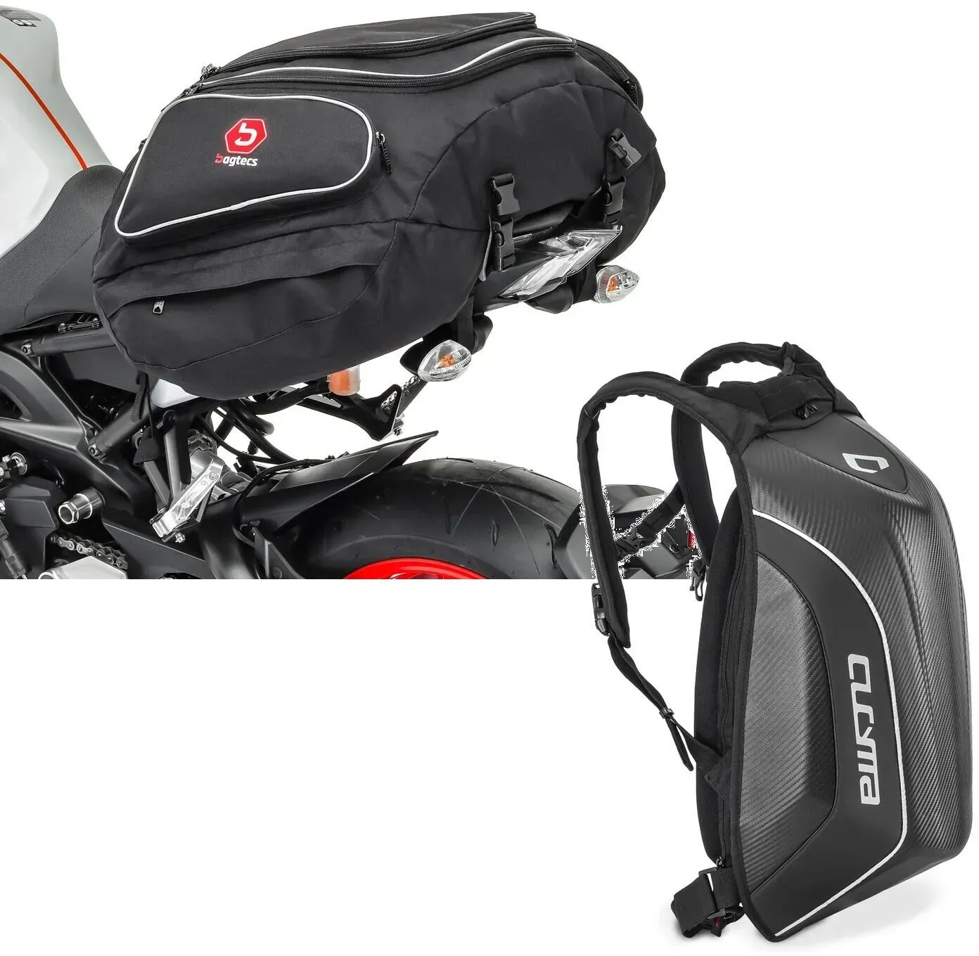 Set: Motorrad Hecktasche Bagtecs X50 Gepäcktasche hinten 50Ltr in schwarz + Hartschalen Rucksack Motorrad Bagtecs Carbon 30Ltr schwarz