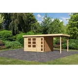 Karibu Gartenhaus Kerko 5 mit Anbaudach 240 cm Schleppdach - 19 mm-302 x 246 cm-naturbelassen - 50% Rabatt auf Dacheindeckung