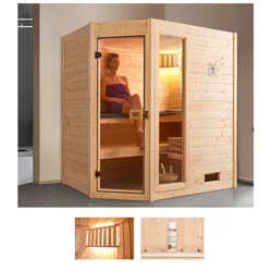 Sauna WEKA "Valida Eck 1", beige (natur), Saunaofen, integrierte Steuerung, 5,4 kW, Saunen, 5,4 kW Ofen mit int. Steuerung, mit Fenster