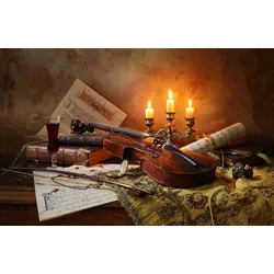 Fototapete PAPERMOON "Photo-Art ANDREY MOROZOV, STILLLEBEN MIT VIOLINE UND KERZEN", bunt, B:2,50m L:1,86m, Vlies, Tapeten