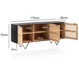FineBuy Sideboard 175cm Mango Design Kommode mit 3 Rattan Wiener Geflecht Türen Schwarz